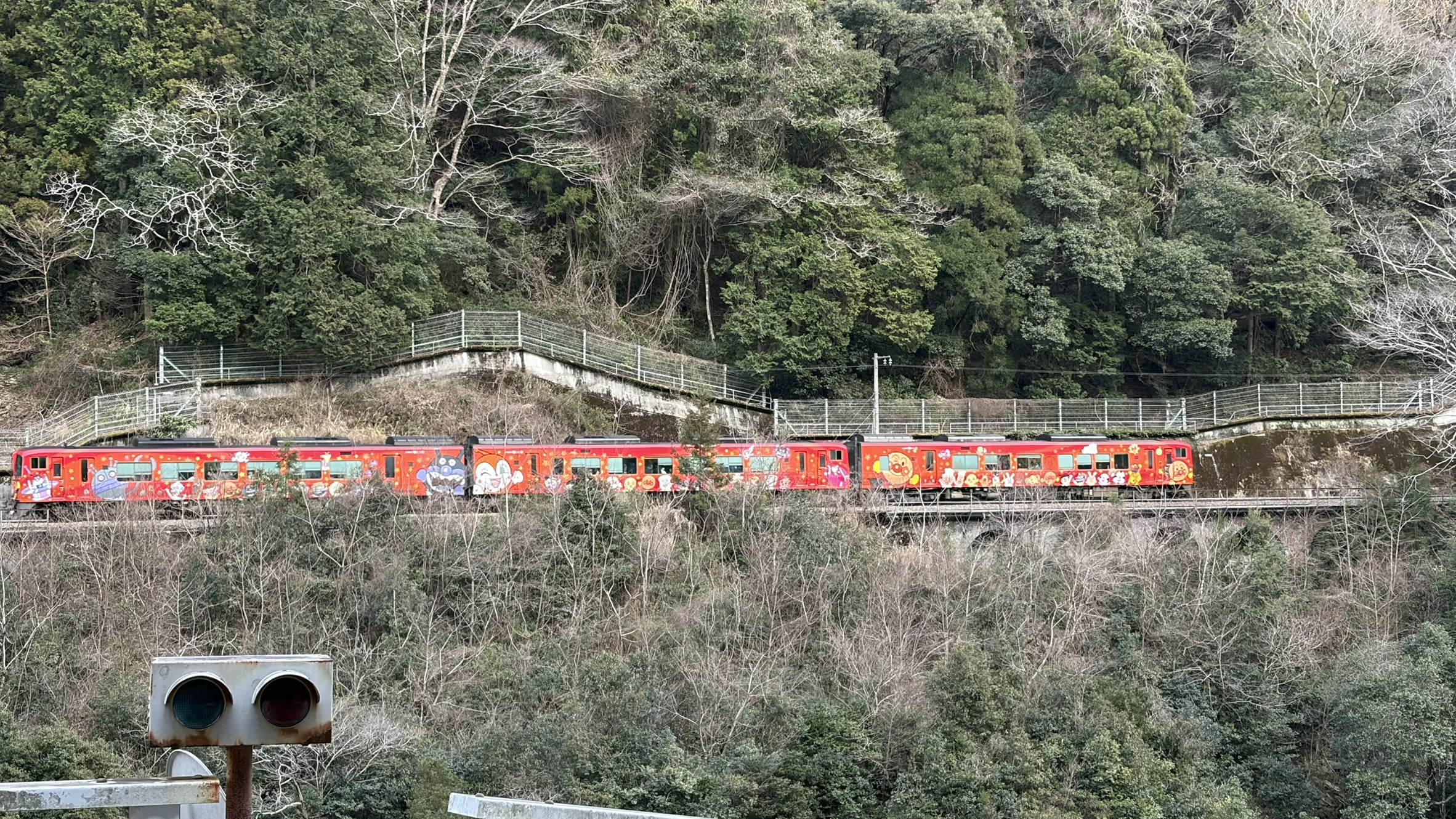 大歩危の風景/対岸を走るアンパンマン列車
